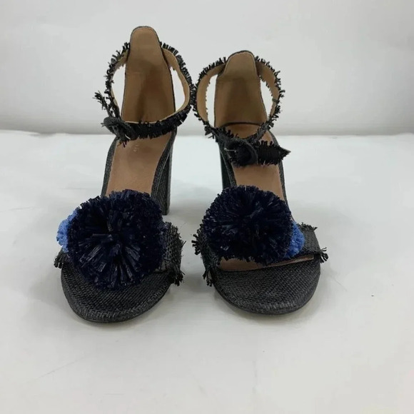 All Black Open-toe Raffia Fringe Pompom Block Heels Ankle Strap Sandals Size 7.5 - Picture 7 of 15